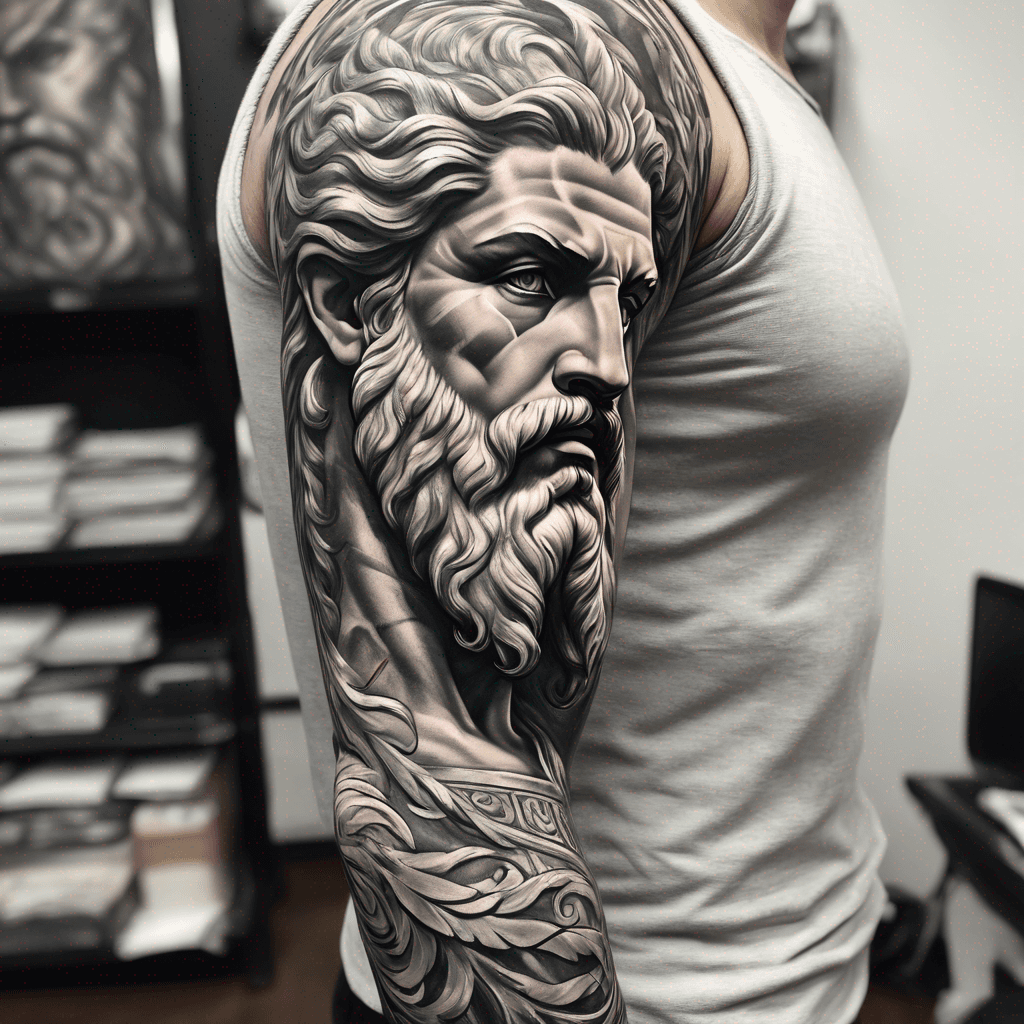 full arm sleeve of zeus painting
with greek ornamental patterns
