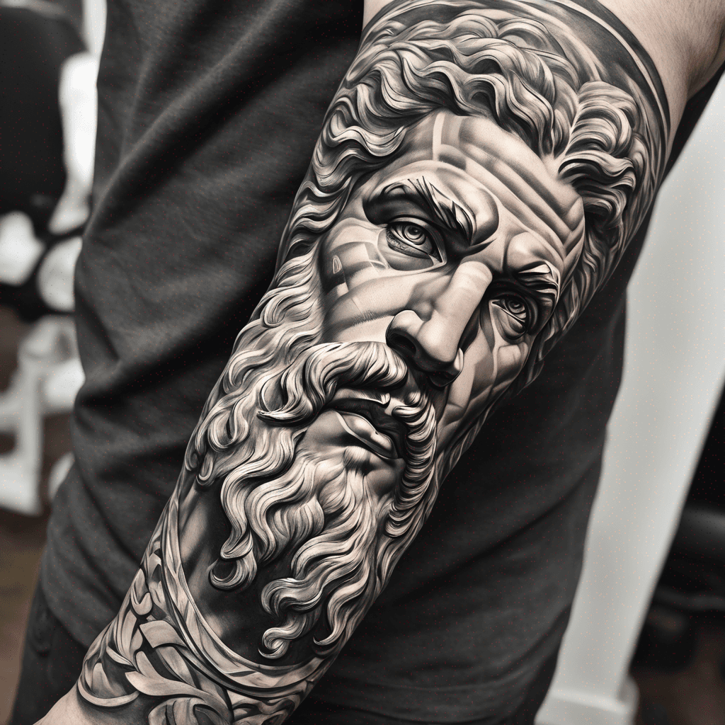 forearm sleeve of zeus painting with greek ornamental patterns