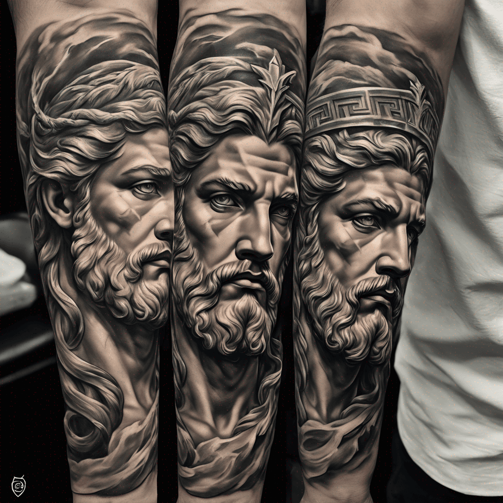 Forearm sleeve: neo-classical Zeus portrait, laurel crown, lightning and storm clouds; Greek key/meander bands, high-detail, strong contrast