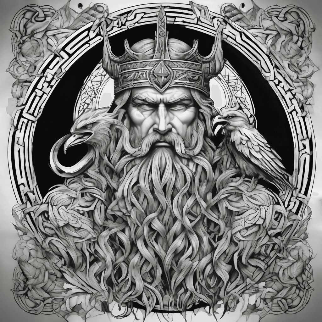 Forearm sleeve: neo-classical Zeus & Odin dual portraits; laurel crown, braided beard, ravens, lightning, storm clouds; Greek meander & Norse knotwork