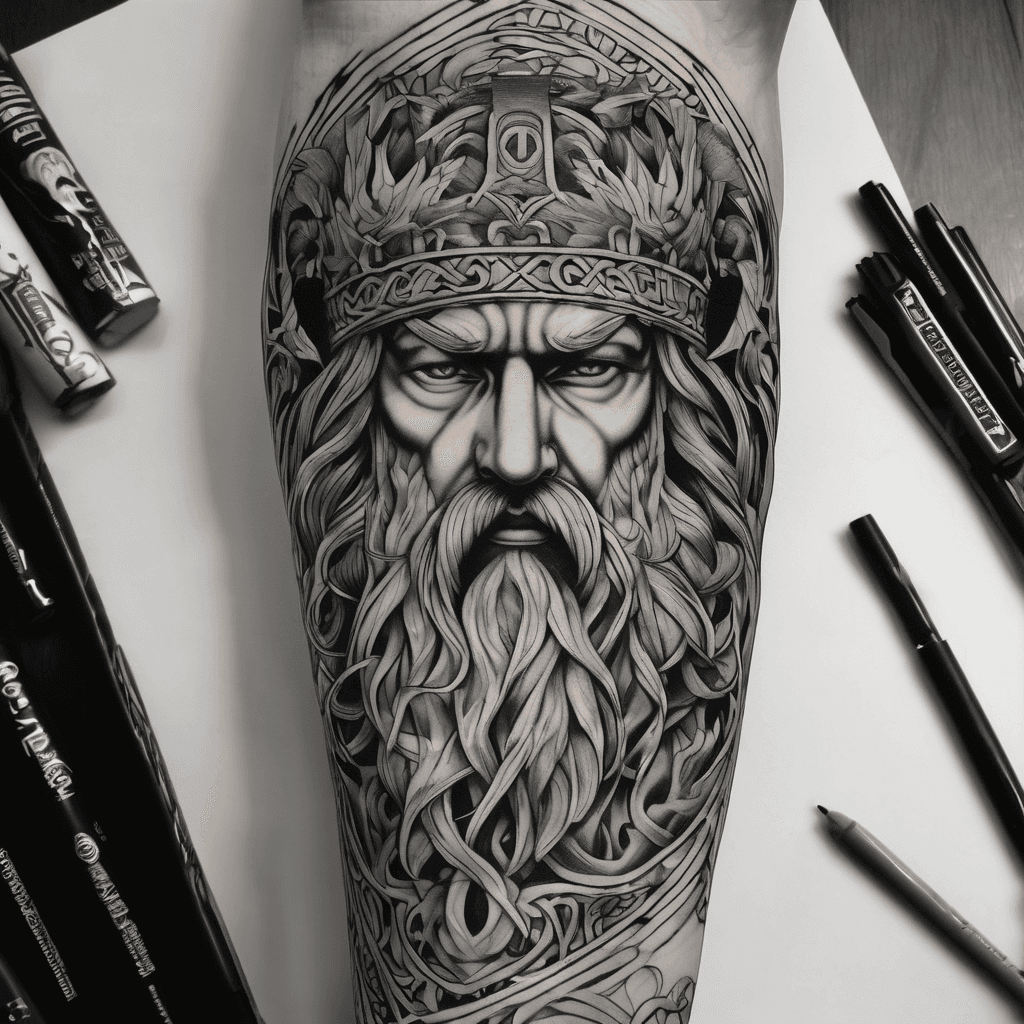 Forearm sleeve: neo-classical with both Zeus & Odin
portraits; laurel crown, braided beard, ravens, lightning, storm clouds; Greek meander & Norse knotwork