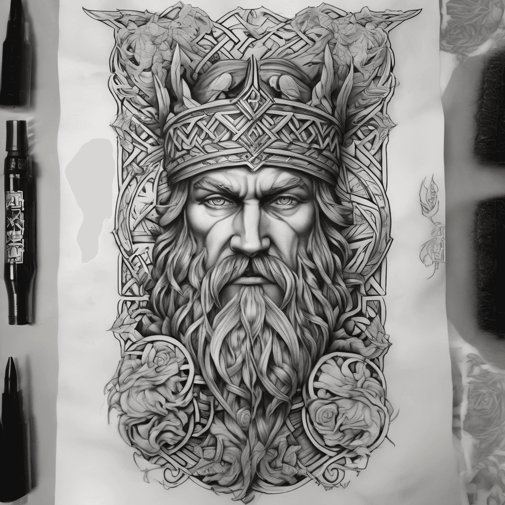 Forearm sleeve: neo-classical with both Odin
portraits; laurel crown, braided beard, ravens, lightning, storm clouds; Greek meander and Nordic knotwork