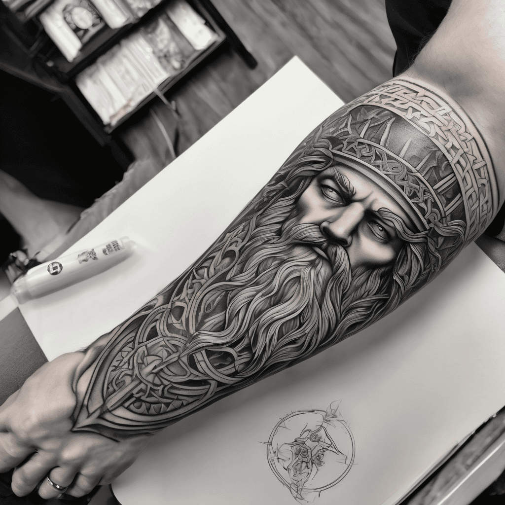 Forearm sleeve: neo-classical with Odin
portrait; laurel crown, braided beard, ravens, lightning, storm clouds; Greek meander and Nordic knotwork