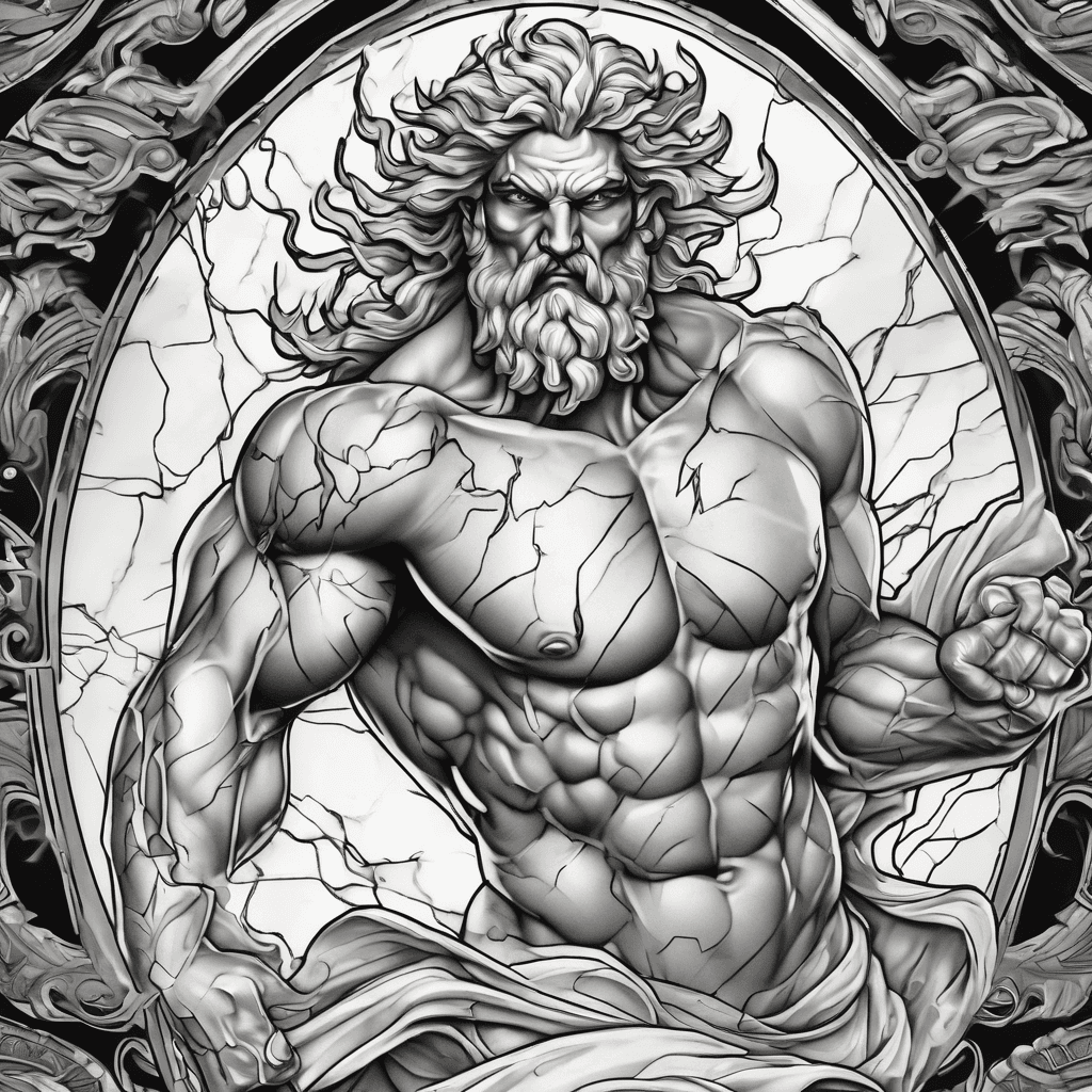 Forearm tattoo: classical Zeus in dynamic pose, arcing lightning bolt, marble shading, Greek meander borders, mosaic tile background, bold shading.
