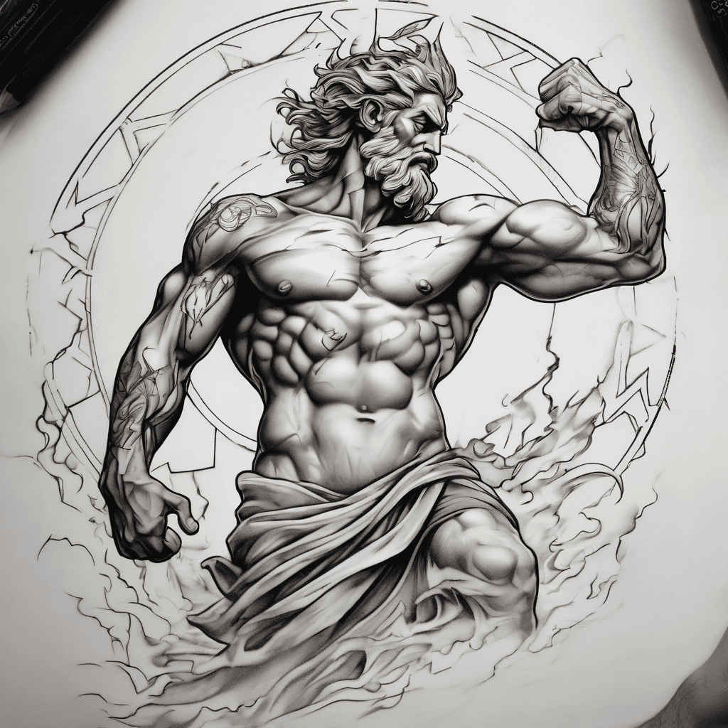 Forearm tattoo: classical Zeus in dynamic pose, arcing lightning bolt, marble shading, Greek meander borders, fading background