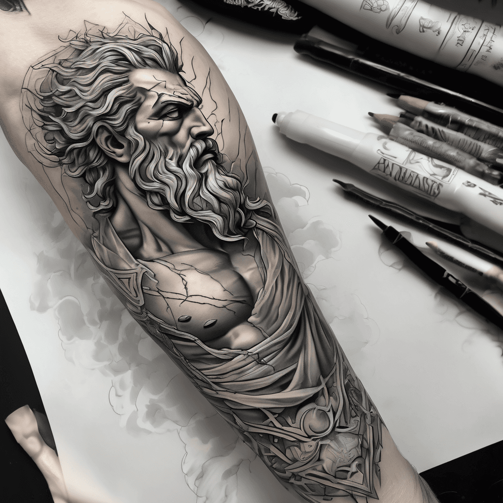 Forearm tattoo: classical Zeus with crown in dynamic pose, arcing lightning bolt, marble shading, Greek meander borders, fading background
