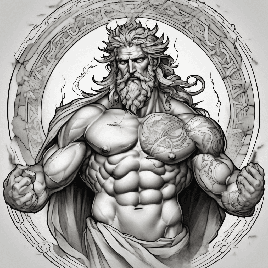 Forearm tattoo: classical Zeus in dynamic pose, laurel crown, arcing lightning bolt, marble shading, Greek meander borders, soft faded background