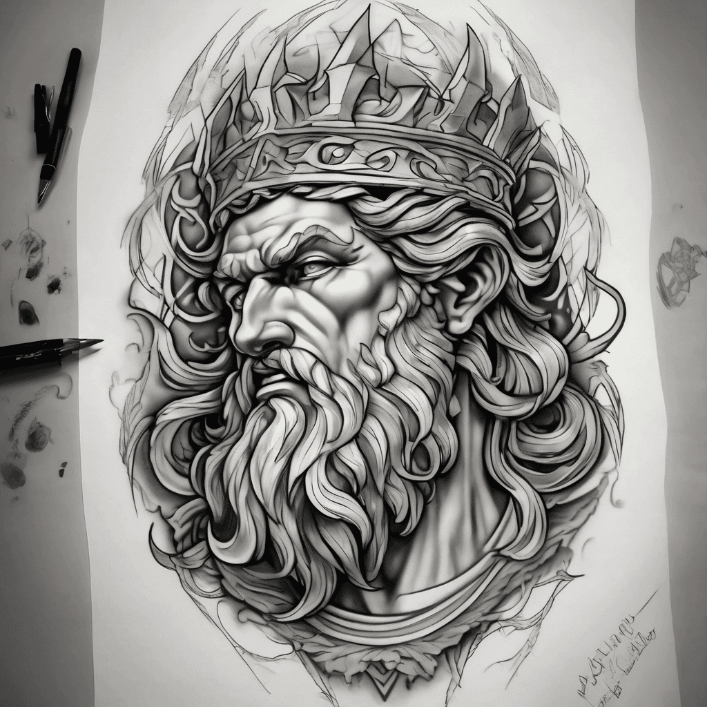Forearm tattoo: classical Zeus in dynamic pose, laurel crown, arcing lightning bolt, marble shading, Greek meander borders, soft faded background