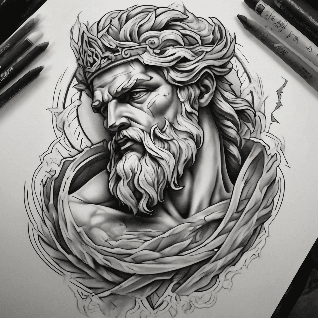 Forearm tattoo: classical Zeus in dynamic pose, laurel crown, arcing lightning bolt, marble shading, Greek meander borders, soft faded background