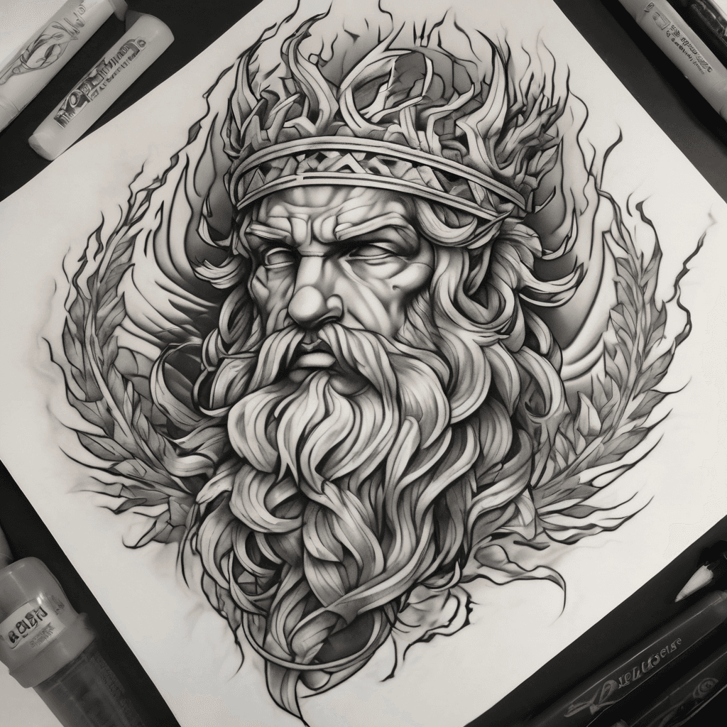Forearm tattoo: classical Zeus in dynamic pose, laurel crown, arcing lightning bolt, marble shading, Greek meander borders, soft faded background