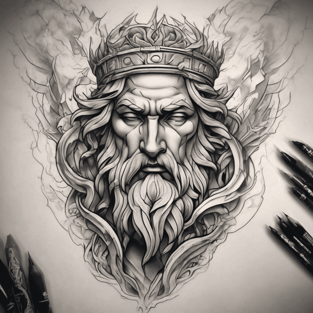Forearm tattoo: classical Zeus in dynamic pose, laurel crown, arcing lightning bolt, marble shading, Greek meander borders, soft faded background