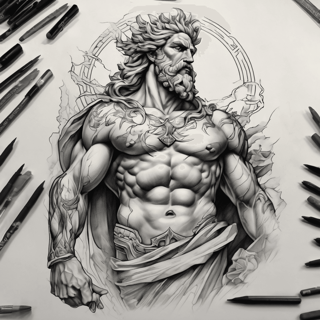 Forearm tattoo: classical Zeus in dynamic pose, laurel crown, arcing lightning bolt, marble shading, Greek meander borders, soft faded background