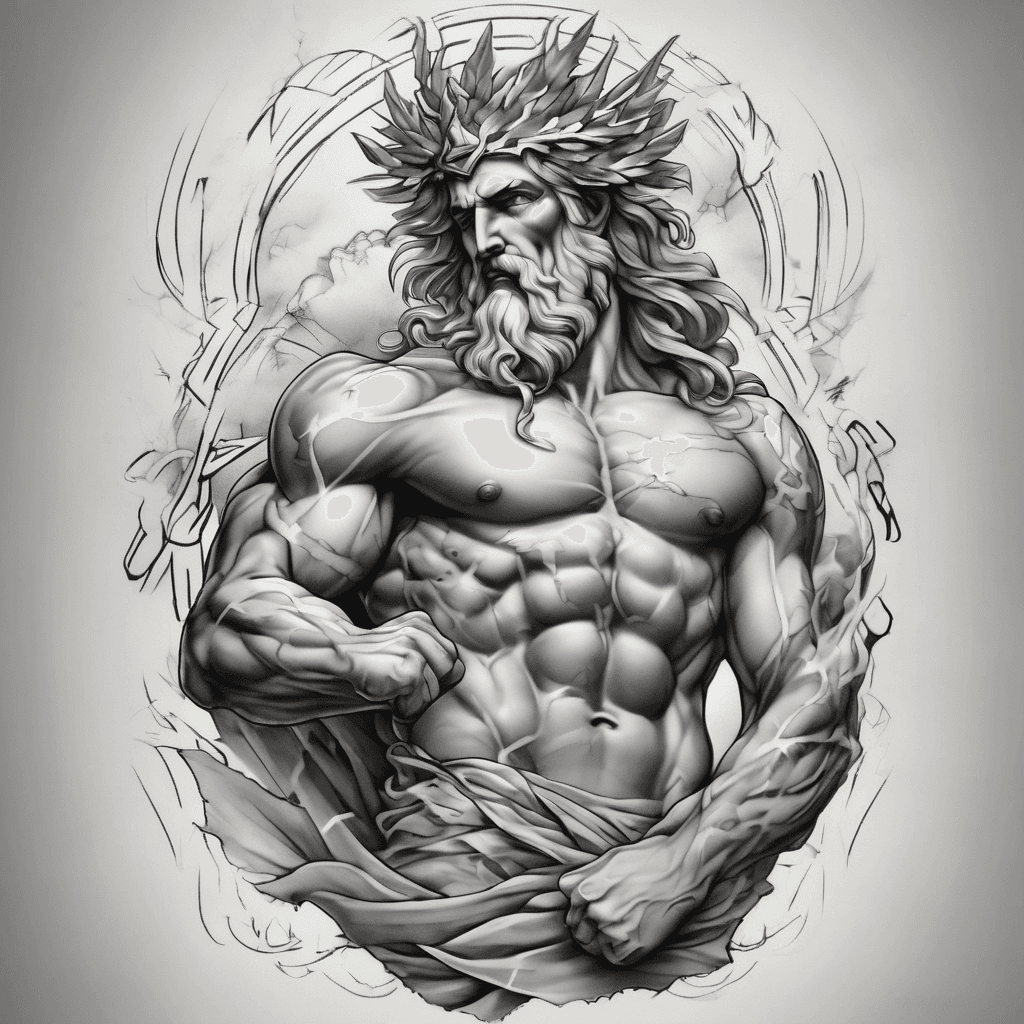 Forearm tattoo: classical Zeus in dynamic pose, laurel crown, arcing lightning bolt, marble shading, Greek meander borders, soft faded background