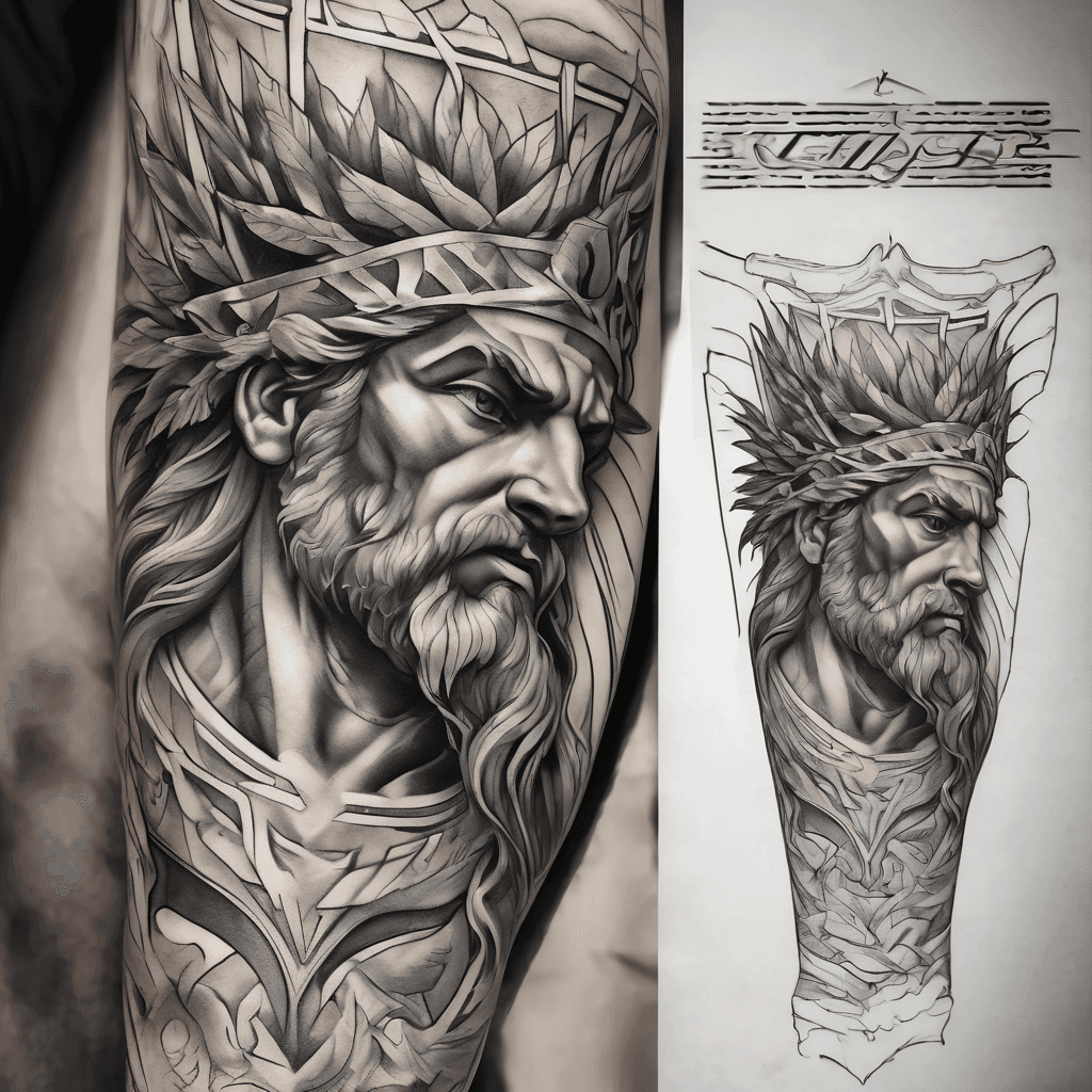 Forearm tattoo: classical Zeus, laurel crown, arcing lightning bolt, marble shading, Greek meander borders, soft faded background