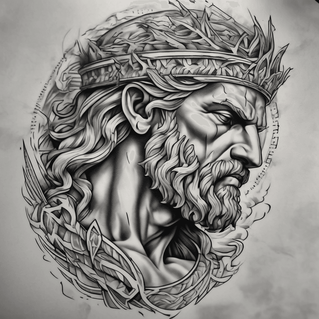 Forearm tattoo: classical Zeus, laurel crown, arcing lightning bolt, marble shading, Greek meander borders, soft faded background
