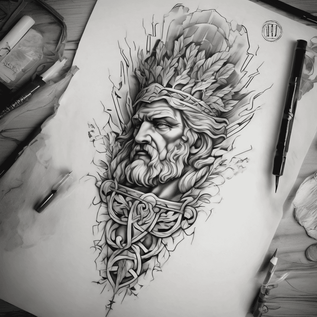 Forearm tattoo: classical Zeus, laurel crown, arcing lightning bolt, marble shading, Greek meander borders, soft faded background