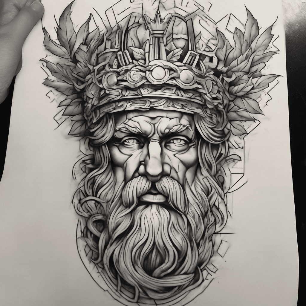 Forearm tattoo: classical Zeus, laurel crown, arcing lightning bolt, marble shading, Greek meander borders, soft faded background
