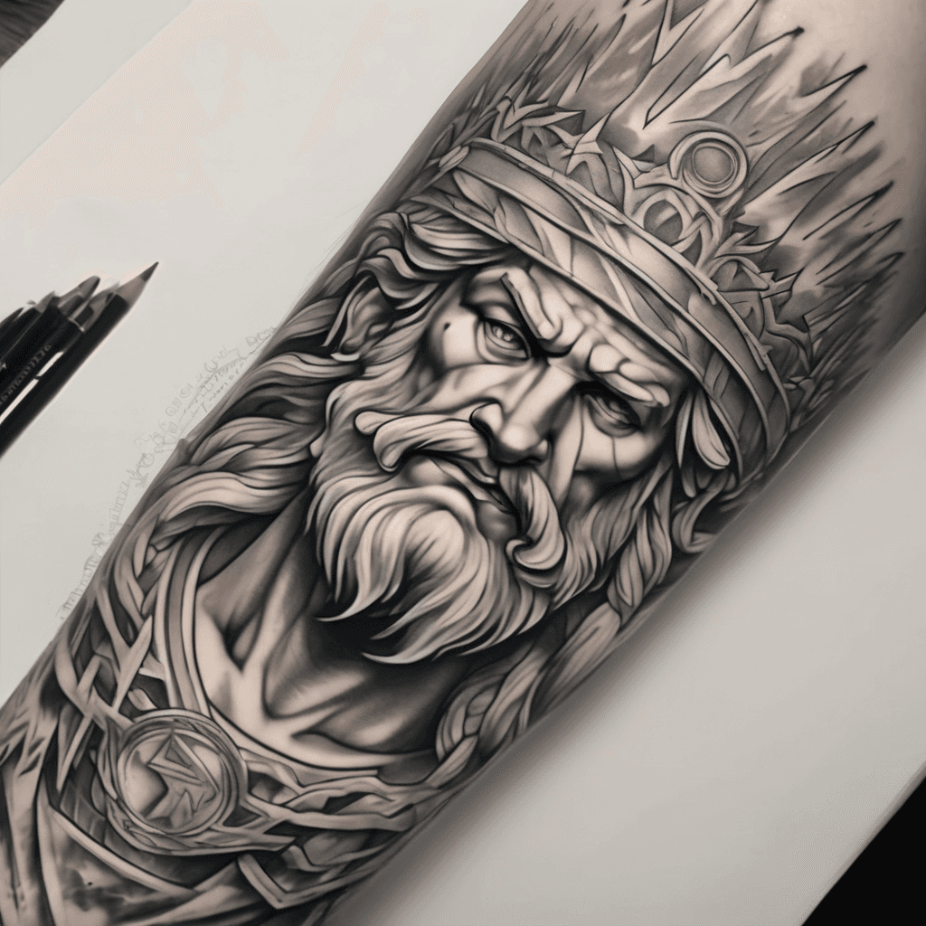 Forearm tattoo: classical Zeus, laurel crown, arcing lightning bolt, marble shading, Greek meander borders, soft faded background