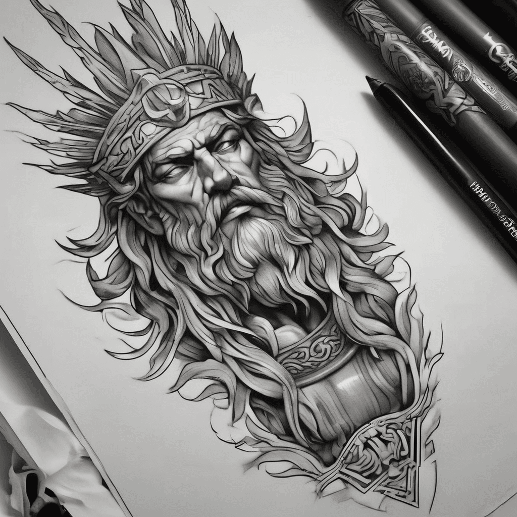 Forearm tattoo: classical Zeus God, laurel crown, arcing lightning bolt, marble shading, Greek meander borders, soft faded background