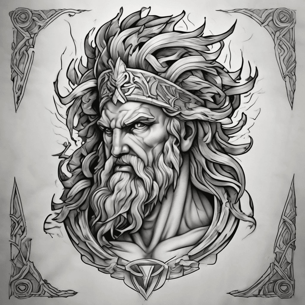 Forearm tattoo: classical Zeus God, laurel crown, arcing lightning bolt, marble shading, Greek meander borders, soft faded background