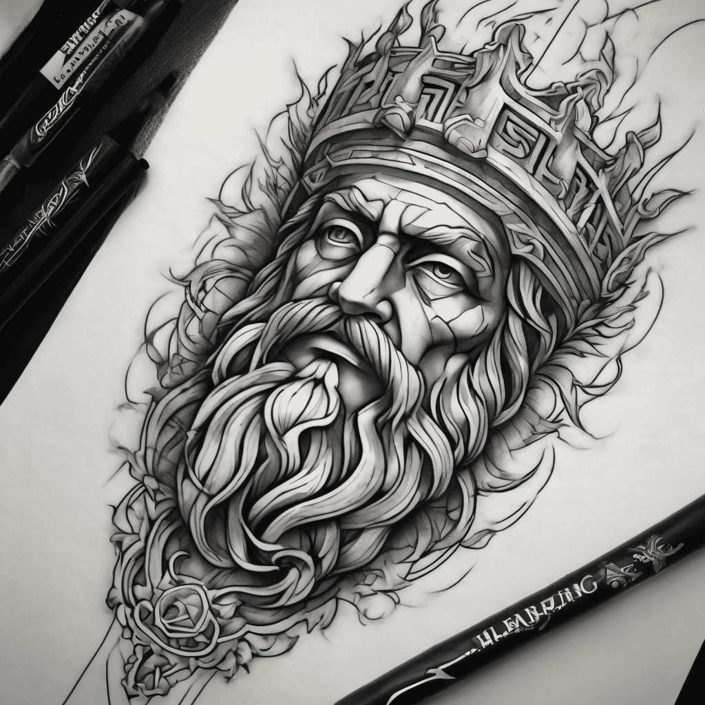 Forearm tattoo: classical Zeus God, laurel crown, arcing lightning bolt, marble shading, Greek meander borders, soft faded background