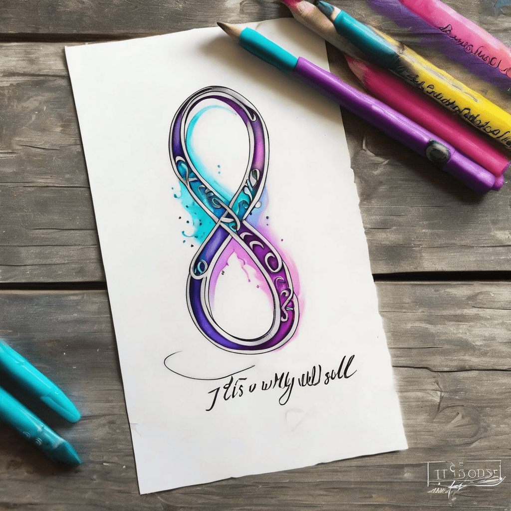 An infinity symbol embedded with the word "It is well with my soul" in the curves of the symbol. Cursive lettering, watercolor mix of dark purple, bright pink, turquoise, a little yellow. About 6 to 8 inches long to be placed on the inside of my arm between the wrist and bend of my elbow.