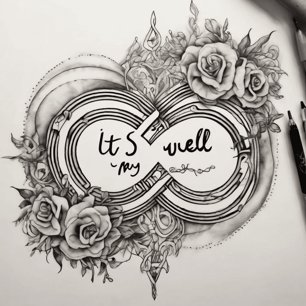 The design you just gave me was close but not qutie right. I want the words of the quote to be oart of the infinity symbol. Try again please. An infinity symbol embedded with the word "It is well with my soul" in the curves of the symbol. Cursive lettering, watercolor mix of dark purple, bright pink, turquoise, a little yellow. About 6 to 8 inches long to be placed on the inside of my arm between the wrist and bend of my elbow.