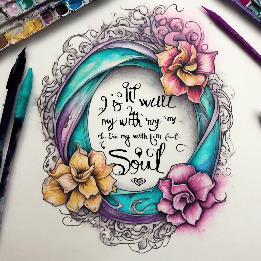The quote "It is well with my soul" shaped into an infinity symbol. Watercolors including dark purple, bright pink, turquoise, and a little bit of yellow. Six to eight inches long to fit the inside of my arm between my wrist and bend off my elbow.