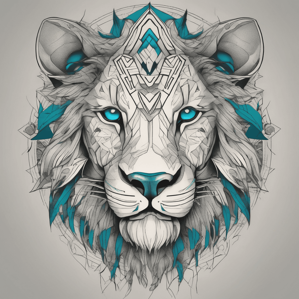 Fierce lions face staring straight forwards and roaring to fill the centre of the upper back. The background detail contains symmetrical geometric shapes. The tattoo fills all of the upper back and half of the lower back reducing in width as it passes down the back. The lion has deep mysterious teal eyes.