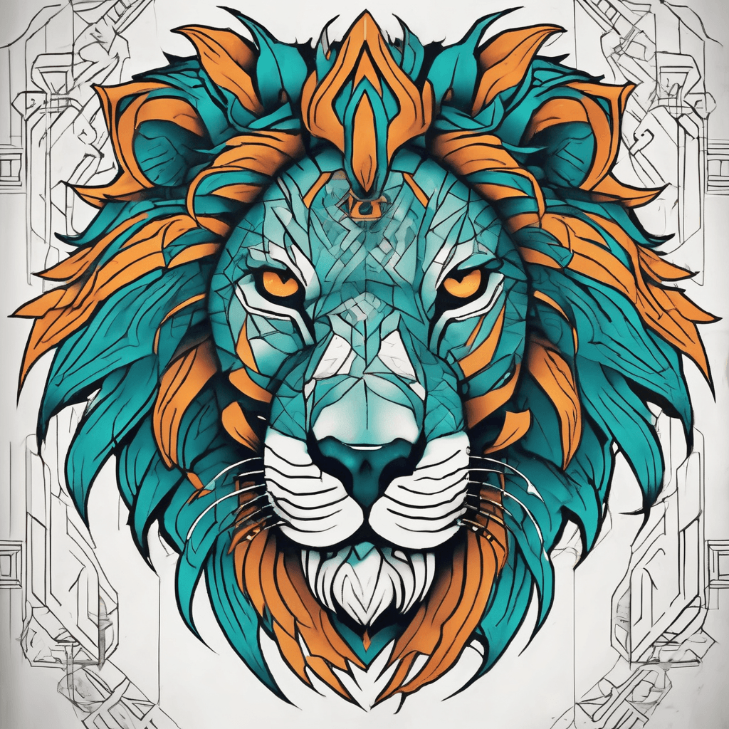 Fierce lions face staring straight forwards and roaring with anger. The background detail contains symmetrical geometric shapes. The tattoo fills all of the upper back and half of the lower back reducing in width as it passes down the back. The lion has deep mysterious teal eyes.