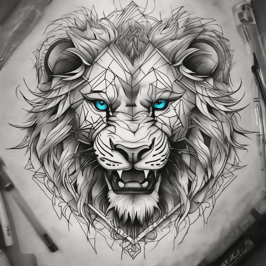 Fierce lions face staring straight forwards and roaring with anger. The background detail contains symmetrical geometric shapes. The tattoo fills all of the upper back and half of the lower back reducing in width as it passes down the back. The lion has deep mysterious teal eyes.