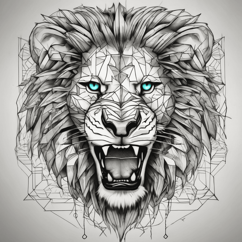 Fierce lions face staring straight forwards and roaring with anger. The background detail contains symmetrical geometric shapes. The tattoo fills all of the upper back and half of the lower back reducing in width as it passes down the back. The lion has deep mysterious teal eyes.