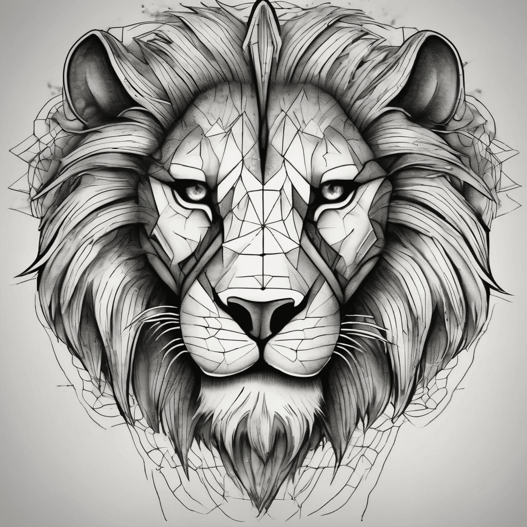 Fierce lions face staring straight forwards and roaring with anger. The background detail contains symmetrical geometric shapes. The tattoo fills all of the upper back and half of the lower back reducing in width as it passes down the back. The lion has deep mysterious teal eyes.