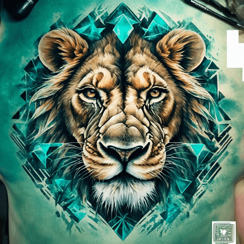 Fierce lions face staring straight forwards and roaring with anger. The background detail contains symmetrical geometric shapes. The tattoo fills all of the upper back and half of the lower back reducing in width as it passes down the back. The lion has deep mysterious teal eyes.