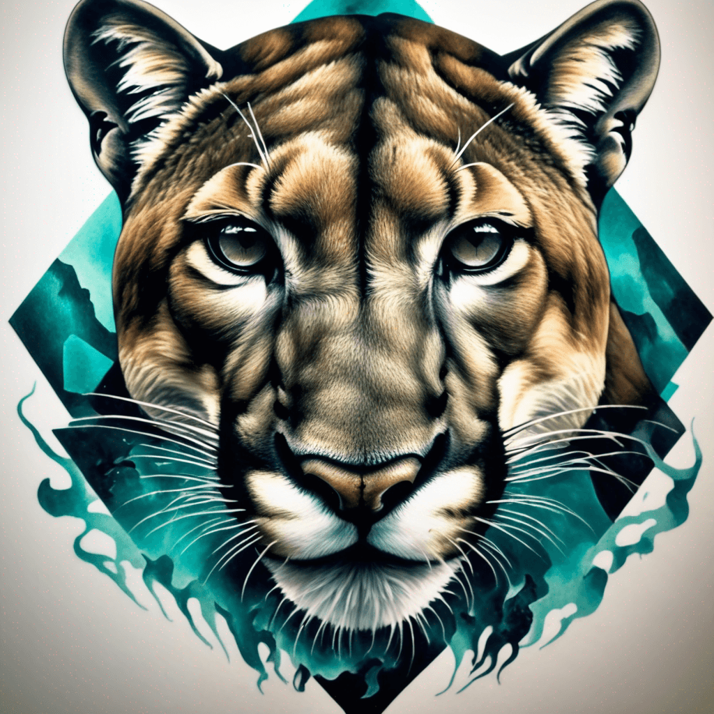 A fierce mountain lion’s face staring straight forwards and roaring with anger in the centre of the tattoo. The background detail contains mountain shapes surrounding the mane. The tattoo fills all of the upper back and half of the lower back reducing in width as it passes down the back. The lion has deep mysterious teal eyes.