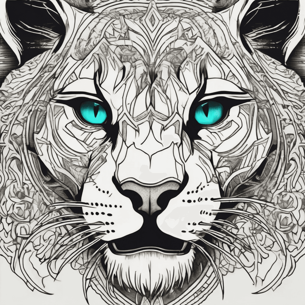 A fierce mountain lion’s face staring straight forwards and roaring with anger in the centre of the tattoo. The background detail contains mountain shapes surrounding the mane. The tattoo fills all of the upper back and half of the lower back reducing in width as it passes down the back. The lion has deep mysterious teal eyes.