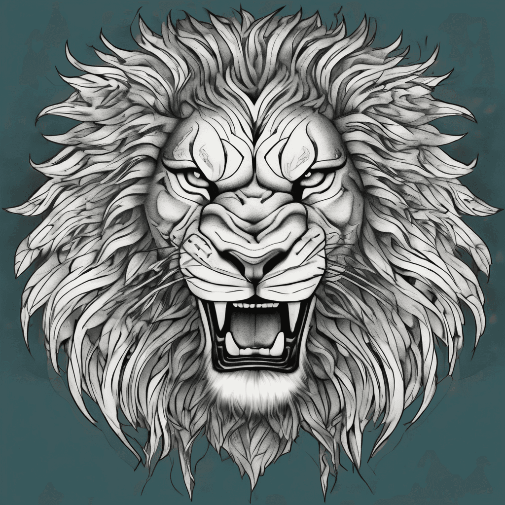 A fierce lion’s face staring straight forwards and roaring with anger in the centre of the tattoo. The background detail contains mountain shapes surrounding the mane. The tattoo fills all of the upper back and half of the lower back reducing in width as it passes down the back. The lion has deep mysterious teal eyes.