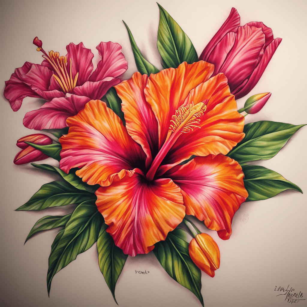 Full-color left upper-arm half sleeve wrap over shoulder to back/collarbone; hibiscus (pink/orange/yellow), desert rose (pink), tulips, NT turkey bush
would also like the saying "See yorlye morla" very subtle woven within