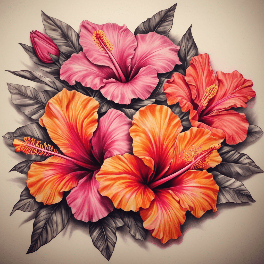 Full-color left upper-arm half sleeve wrap around arm and over shoulder to back/collarbone using mutlple of these floers listed ,hibiscus (pink/orange/yellow), desert rose (pink), tulips, NT turkey bush
would also like the saying "See yorlye morla" very subtle woven within big bunch of flowers