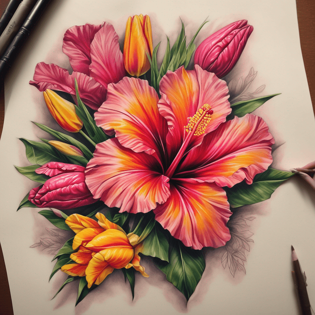 Full-color left upper-arm half sleeve wrap over shoulder to back/collarbone; hibiscus (pink/orange/yellow), desert rose (pink), tulips, NT turkey bush
would also like the saying "See yorlye morla" very subtle woven within yhe flowers
make it like a bunch of the flowers listed