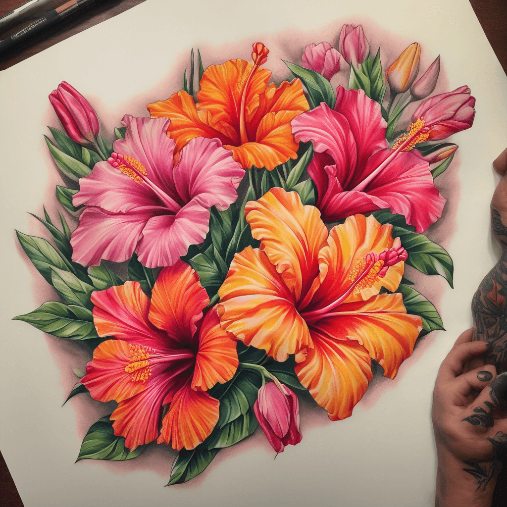 Full-color left upper-arm half sleeve wrap around arm and over shoulder to back/collarbone using allof these flowers listed ,hibiscus (pink/orange/yellow), desert rose (pink), tulips, NT turkey bush
would also like the saying "See yorlye morla" very subtle woven within big bunch of flowers