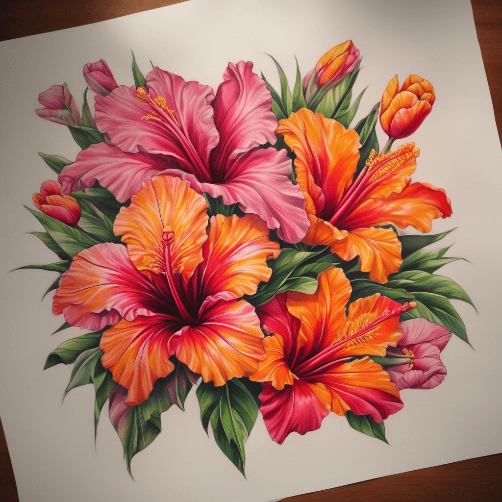 Full-color left upper-arm half sleeve wrap over shoulder to back/collarbone; hibiscus (pink/orange/yellow), desert rose (pink), tulips, NT turkey bush
would also like the saying "See yorlye morla" very subtle woven within yhe flowers
make it like a bunch of the flowers listed