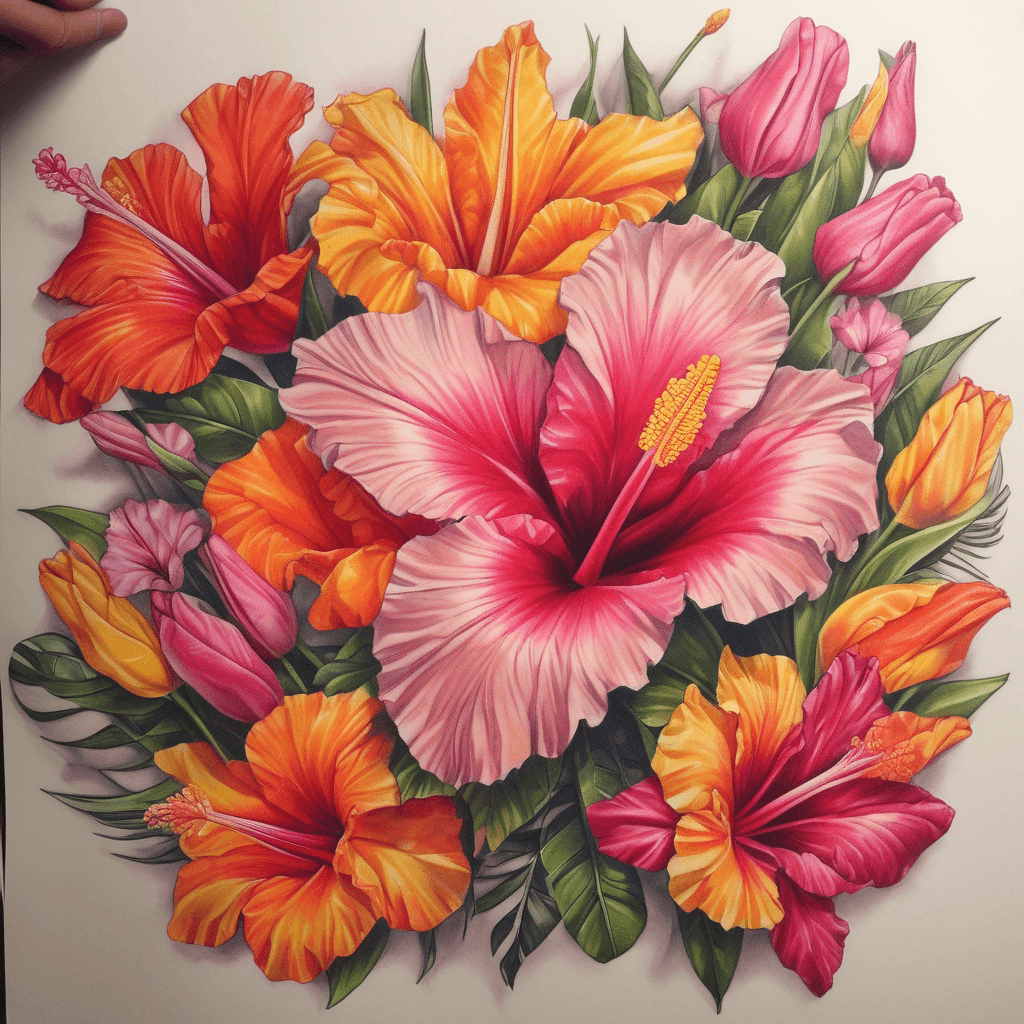 Full-color left upper-arm half sleeve wrap around arm and over shoulder to back/collarbone using allof these flowers listed ,hibiscus (pink/orange/yellow), desert rose (pink), tulips and NT turkey bush as the fill in
would also like the saying "See yorlye morla" very subtle woven within big bunch of flowers