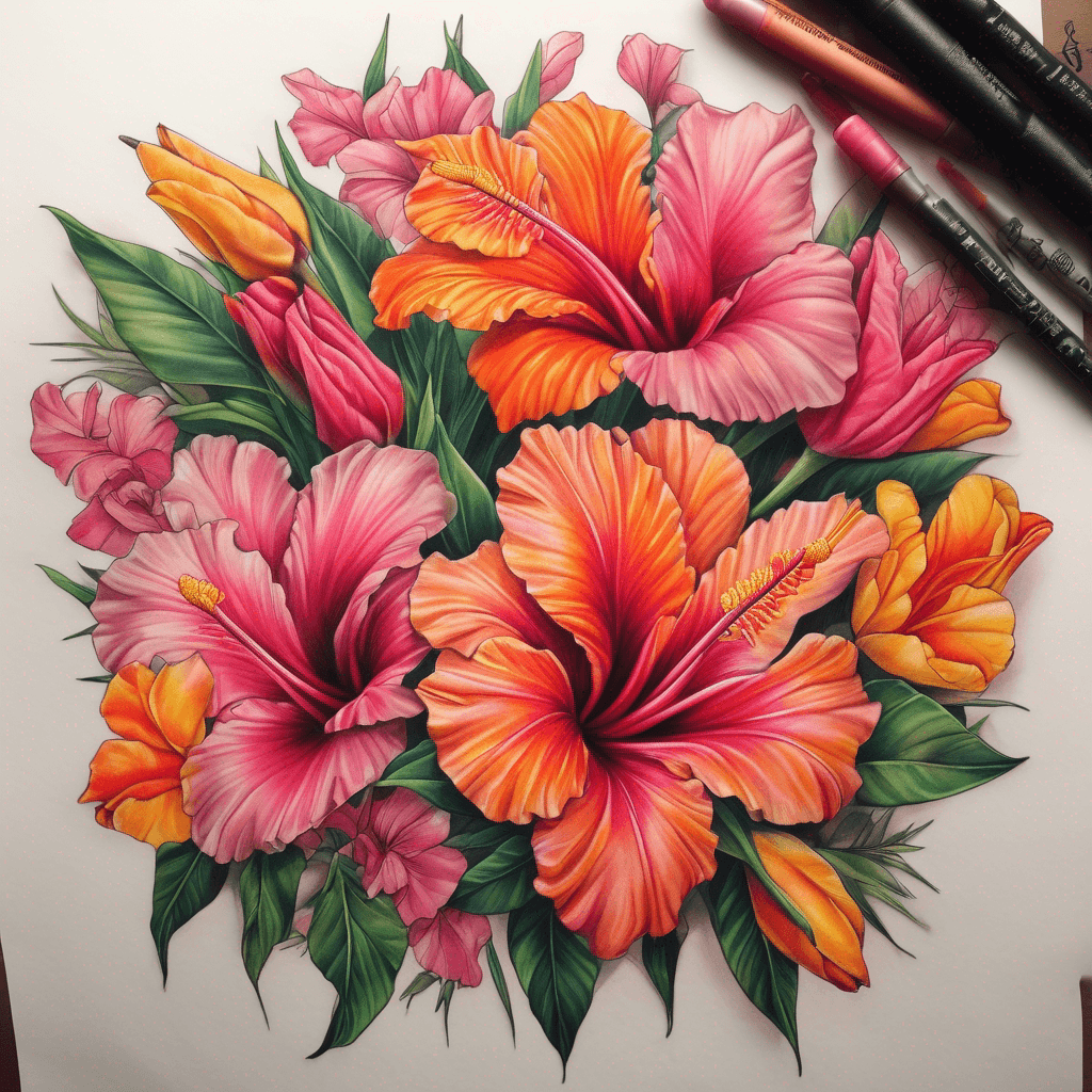Full-color left upper-arm half sleeve wrap around arm and over shoulder to back/collarbone using allof these flowers listed ,hibiscus (pink/orange/yellow), desert rose (pink), tulips and NT turkey bush as the fill in
would also like the saying "See yorlye morla" very subtle woven within big bunch of flowers
: It is designed to wrap fully 360 degrees around the arm, covering the outer bicep, tricep, and inner bicep areas.