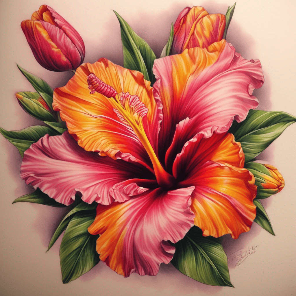 Full-color left upper-arm half sleeve wrap over shoulder to back/collarbone; hibiscus (pink/orange/yellow), desert rose (pink), tulips, NT turkey bush
would also like the saying "See yorlye morla" very subtle woven within yhe flowers
make it like a bunch of the flowers listed
: It is designed to wrap fully 360 degrees around the arm, covering the outer bicep, tricep, and inner bicep areas.