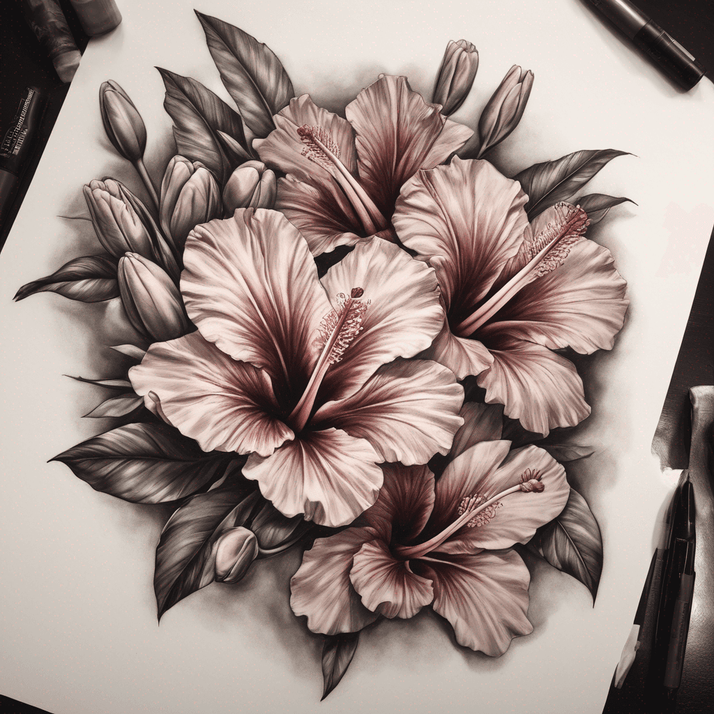 upper arm half sleeve (from the top of the shoulder down to the elbow crease, wrapping 360 degrees around).The style I want is color realism. I want a floral composition featuring four specific plants:Hibiscus (as a main focal point)*Desert Roses (as a main focal point)*Tulips (to help with the vertical flow and wrapping)*Northern Territory (NT) Turkey Bush (using its small, star-shaped pink/purple flowers and fine textures as the organic background filler instead of traditional heavy black shading).*