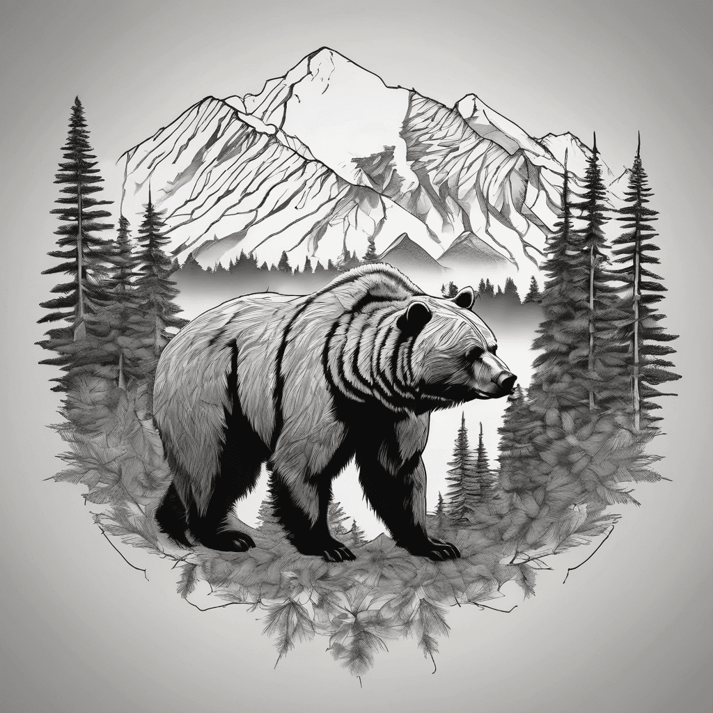 fine line minimalist kodiak bear with kodiak spruce forest and mountains inside her silhouette