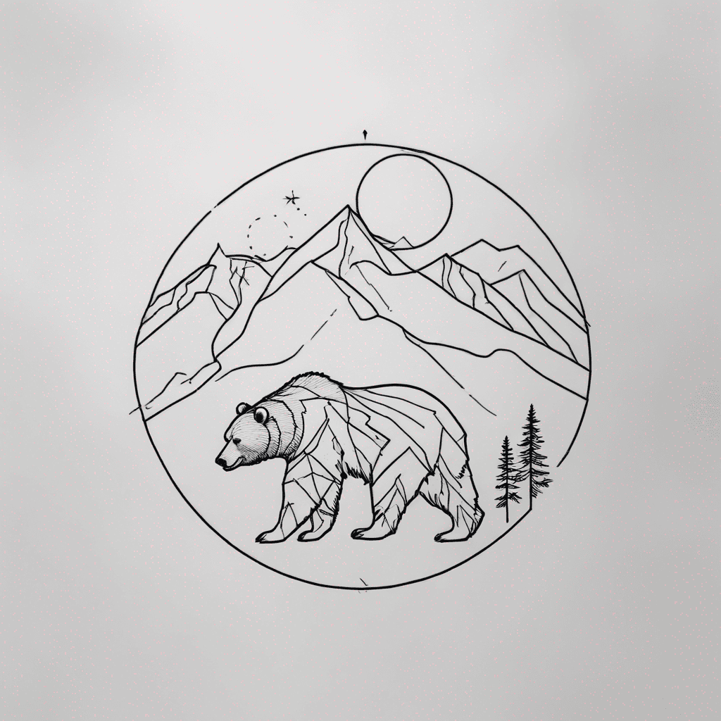 fine line minimalist kodiak bear with kodiak spruce forest and mountains inside her silhouette