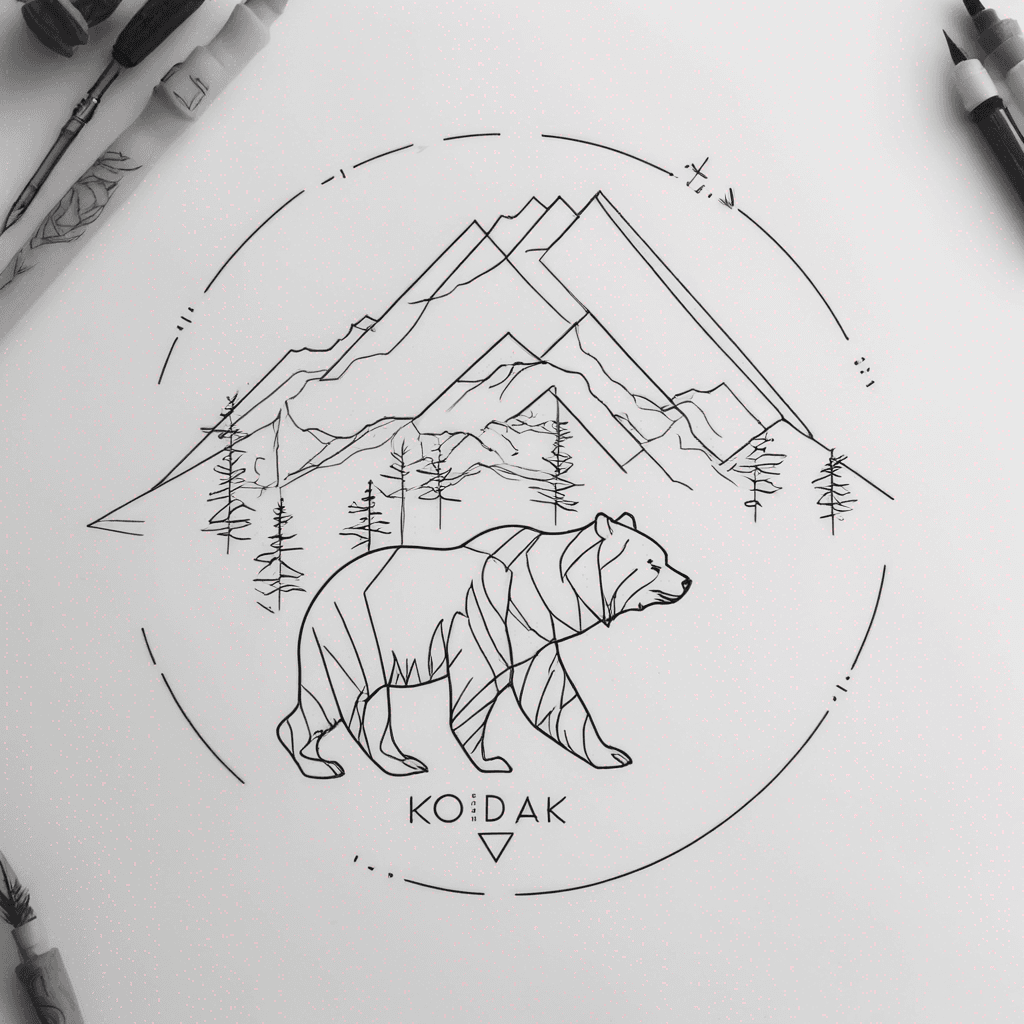 fine line minimalist kodiak bear with kodiak spruce forest and mountains drawn inside her silhouette