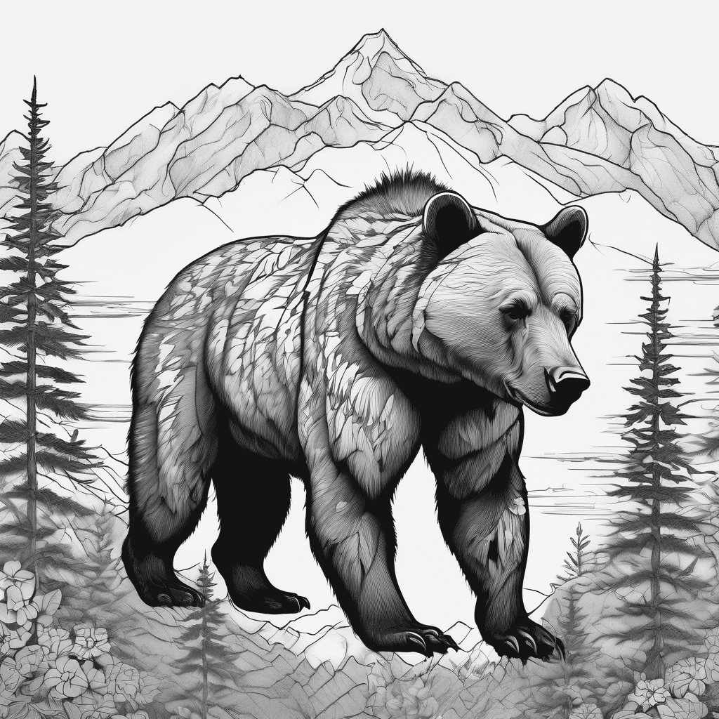 fine line kodiak bear with spruce forest and mountains drawn inside her silhouette illustrative style